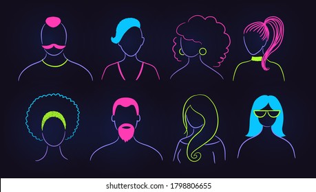 Vector illustration set of neon profile pictures faceless avatars in blue and pink colors on dark background.