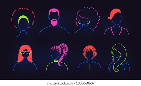 Vector illustration set of neon profile pictures faceless avatars in vblue and red colors on dark background.