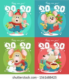 Vector illustration. Set of New Year cards with cute cartoon mice. 2020 eastern horoscope.