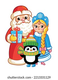 Vector illustration with a set of New Year heroes. New Year's card with Santa Claus and Snow Maiden, penguin .