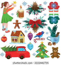 Vector illustration. Set of New Year stickers for design on a white isolated background. Wreath, candle, house, Christmas toys, star, bear, car, truck, spruce, snowflake, mittens, candle, lollipop