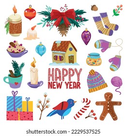 Vector illustration. Set of New Year stickers for design on a white isolated background. Wreath, candle, house, cup, Christmas toys, gifts, candy, ball, decor, warm things