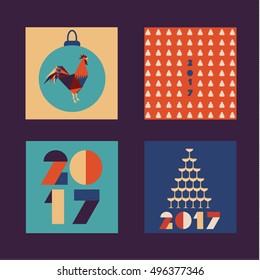 Vector illustration. Set of new year post cards.  Rooster, symbol of 2017 on the Chinese calendar.  Vector element for New Year's design. Image of 2017 year of Red Rooster. 