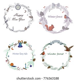 Vector illustration, set of New Year frames with forest and celebratory elements. 