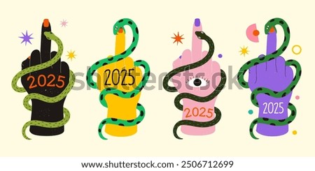 Vector illustration set with New Year 2025 symbol, green snakes, and hands with middle finger up. Rock tattoo apparel style print design, celebration poster, greeting card