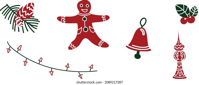 Vector illustration. A set with New Year's Christmas holiday items. A bell, a gingerbread, a garland, a fir branch, berries, a tip for a Christmas tree. Isolated, on a white background.