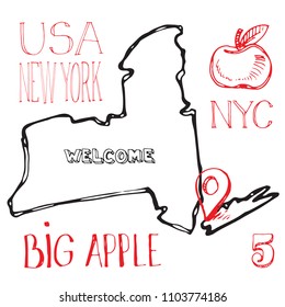 Vector illustration set of New York City and state with red apple and pin on map
