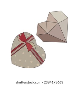 Vector illustration set of nice beige heart boxes with dots and red-beige ribbon and bow and diamond structure. Image for postcard or sweets or gift box for New Year or Christmas. For stickers textile