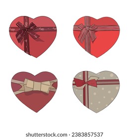 Vector illustration set of nice red and beige heart giftboxes with ribbons and bows. Image for postcard or sweets or gift box for New Year or Christmas. To decoration logo sticker textile poster print