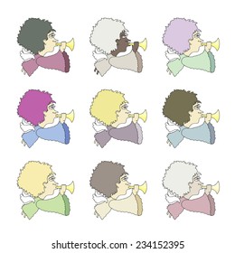 Vector illustration: set nine multi?olor baby angels with trumpets