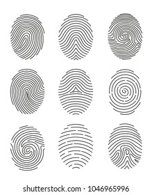 Vector illustration set of nine black line fingerprint types on white background.