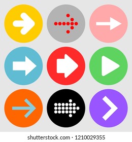 Vector illustration set of nine different type of arrows in rounded colorful buttons for the web isolated on white background.