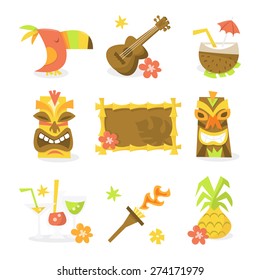 A vector illustration set of nine different luau tiki party theme like toucan bird, guitar, ukulele, coconut juice, tiki statues, tiki sign, tropical cocktails, flame torch and pineapple.