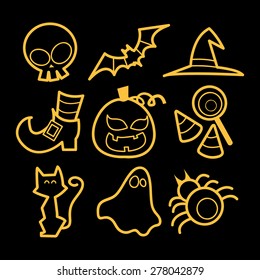 A vector illustration set of nine different halloween related icons in doodle line art style.