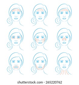 Vector illustration: set of nine face massage instructions in blue sketch