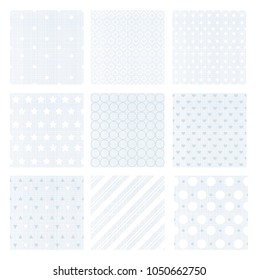 Vector illustration set of nine gentle faded blue retro seamless patterns on linen background.