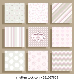 Vector illustration: set of nine vintage backgrounds for scrapbook in rosy, olive and white colors
