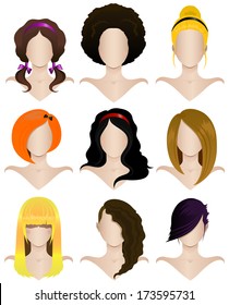 Vector illustration of a set of nine women's hairstyles