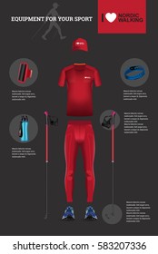 Vector illustration of set with Nordic Walking equipment. Realistic illustration of summer sport accessories and clothes for men.