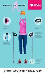 Vector illustration of set with Nordic Walking equipment. Realistic illustration of summer sport accessories and clothes for woman.