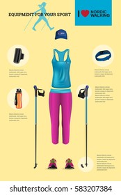 Vector illustration of set with Nordic Walking equipment. Realistic illustration of summer sport accessories and clothes for woman.