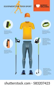 Vector illustration of set with Nordic Walking equipment. Realistic illustration of summer sport accessories and clothes for men.