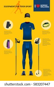 Vector illustration of set with Nordic Walking equipment. Realistic illustration of summer sport accessories and clothes for men.