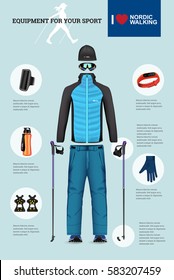 Vector illustration of set with Nordic Walking equipment. Realistic illustration of winter sport accessories and clothes for men.