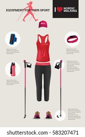 Vector illustration of set with Nordic Walking equipment. Realistic illustration of summer sport accessories and clothes for woman.