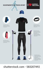 Vector illustration of set with Nordic Walking equipment. Realistic illustration of summer sport accessories and clothes for men.