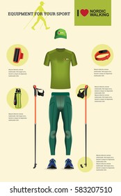 Vector illustration of set with Nordic Walking equipment. Realistic illustration of summer sport accessories and clothes for men.