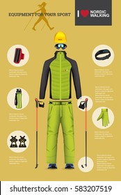 Vector illustration of set with Nordic Walking equipment. Realistic illustration of winter sport accessories and clothes for men.