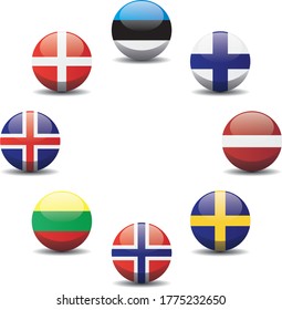 Vector illustration set of northern european flags. Europe countries circle button 3d symbol. 