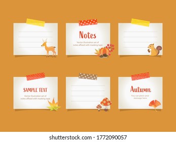 Vector illustration set of 
note papers with autumn objects affixed with masking tape for doodle, scribble, note, memo. Design for  print project for banner, icons, 
web design, poster, and scrapbook.