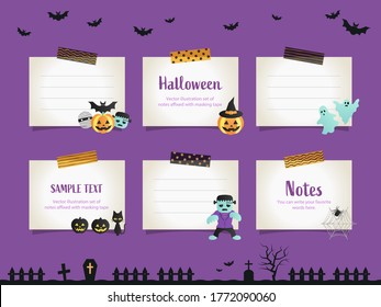 Vector illustration set of 
note papers with halloween objects affixed with masking tape for doodle, scribble, note, memo. Design for  print project for banner, icons, 
web design, and scrapbook.