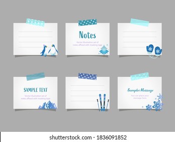 Vector illustration set of note papers with winter objects affixed with masking tape for doodle, scribble, note, memo. Design for  print project for banner, icons, web design, poster, and scrapbook.