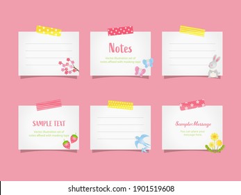 Vector Illustration Set Of Note Papers With Spring Objects Affixed With Masking Tape For Doodle, Scribble, Note, Memo. Design For  Print Project For Banner, Icons, Web Design, Poster, And Scrapbook.