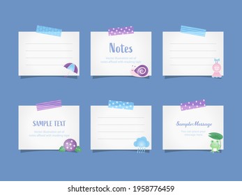 Vector illustration set of 
note papers with rainy season objects affixed with masking tape for doodle, scribble, note, memo. Design for  banner, icons, 
web design, poster, and scrapbook.