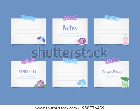 Vector illustration set of 
note papers with rainy season objects affixed with masking tape for doodle, scribble, note, memo. Design for  banner, icons, 
web design, poster, and scrapbook.