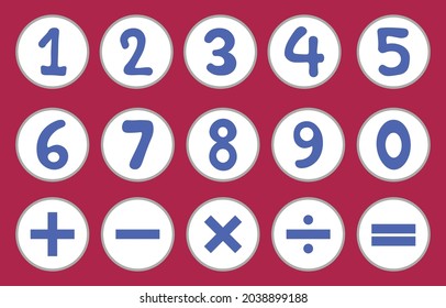 Vector illustration set numbers (1,2,3,4,5,6,7,8,9,0) and Mathematic symbol icon (plus, minus, multiply, divide,equal to) for children on red background