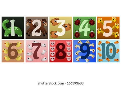 A vector illustration of a set of numbers with cute animals