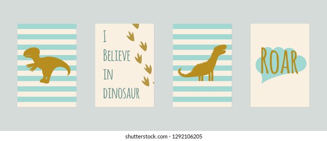 vector illustration. set of nursery cards with dinosaurs. For kids prints, postcards, wall art.