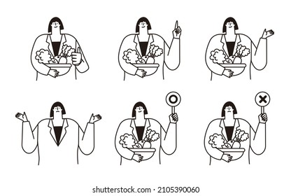 It is a vector illustration set of a nutritionist in a white coat.