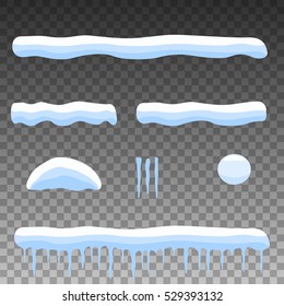Vector illustration set object cartoon snow, snowdrift, icicles. Flat style. Isolated on transparent background. Winter elements for design.