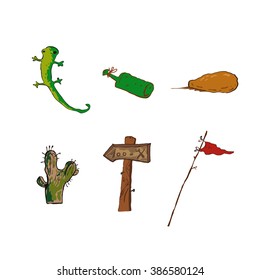 Vector illustration   Vector set of objects, a bottle, a lizard, stone