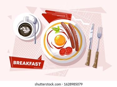 Vector illustration of a set of objects for Breakfast, fried eggs with sausages and tomatoes, a glass of coffee
