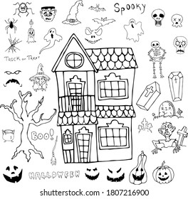 Vector illustration of a set of objects for Halloween in the style of Doodle. The concept of holiday, fear, horror, fun, Halloween. Can be used for fabric, textiles, paper, Wallpaper, books.