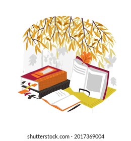 Vector illustration with a set of objects for learning on the autumn background nature. Concept beginning of school year, season, education. It can be used in web design, banners, etc.