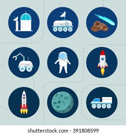 Vector illustration. Set of objects in which there is an astronaut, rocket, rover, planet and more...