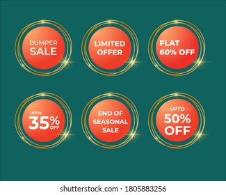 Vector illustration set of offer labels with round shiny golden frame, promo sale stickers.